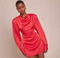 Women's Satin High-Neck Long-Sleeved Midi Dress